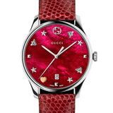 Gucci G-Timeless Mother of Pearl Red Dial Red Leather Strap Watch For Women - YA1264041