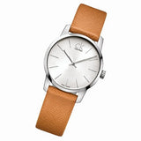 Calvin Klein City Silver Dial Light Brown Leather Strap Watch For Women- K2G23120