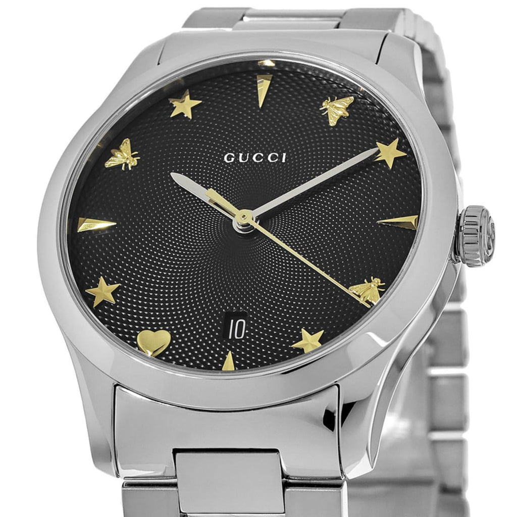 Gucci G Timeless Black Dial Silver Steel Strap Watch For Women