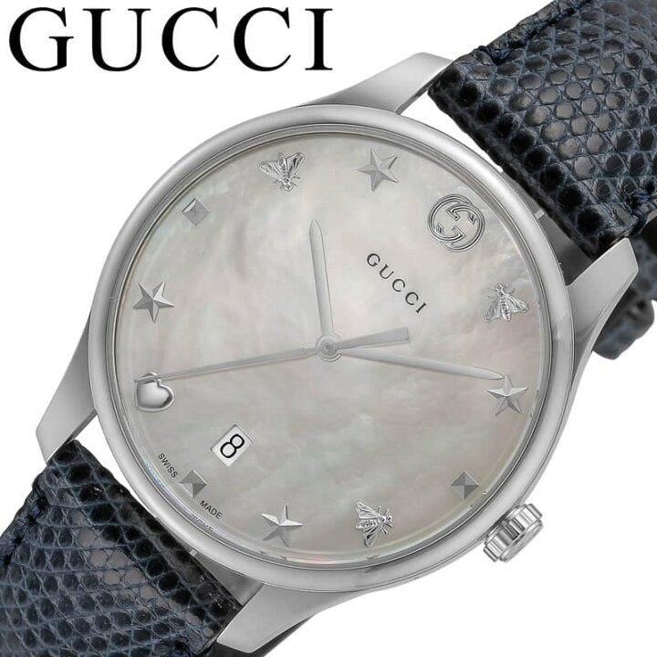 Gucci G-Timeless Signature Mother of Pearl Silver Dial Blue Leather Strap Watch For Women - YA1264049