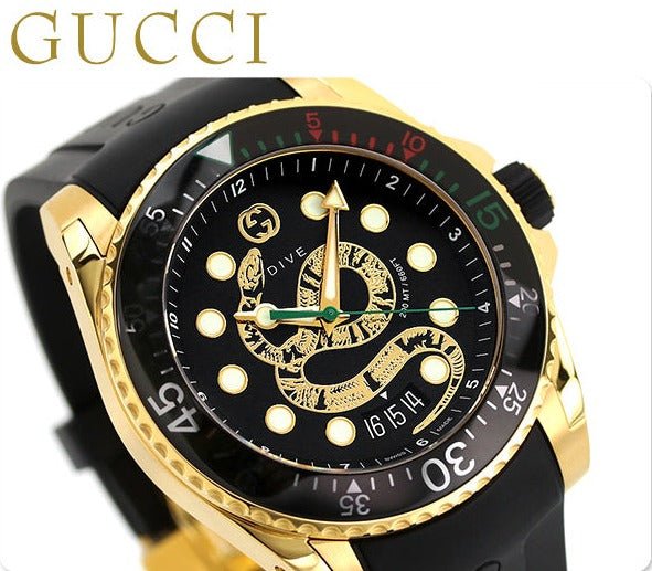 Men's Gucci Dive Gold-Tone Stainless Steel and Black Snake Watch YA136219