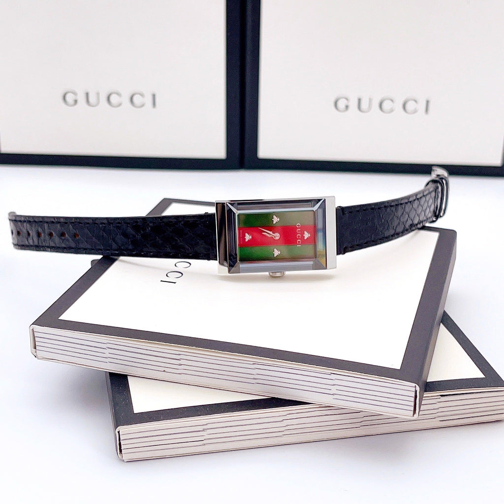 Gucci G-Frame Mother of Pearl Green & Red Dial Black Leather Strap Watch For Women - YA147403