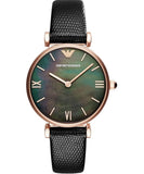 Emporio Armani Gianni T Bar Black Mother of Pearl Dial Black Leather Strap Watch For Women - AR11060