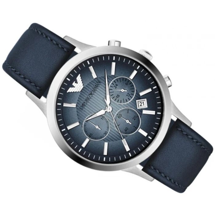 Watch Chronograph Armani Blue For Dial Leather Men Blue Strap Classic Emporio