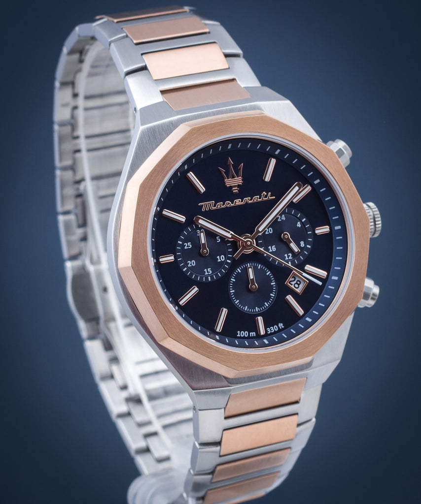 Maserati Stile Chronograph Blue Dial Rose Gold Two Tone Strap Watch For Men