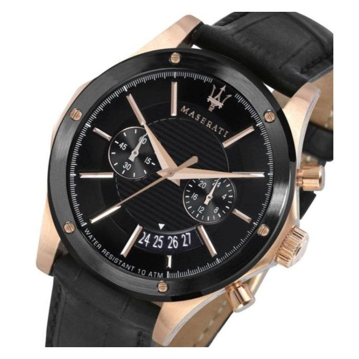 Maserati Circuito Black Dial Black Leather Strap Watch For Men